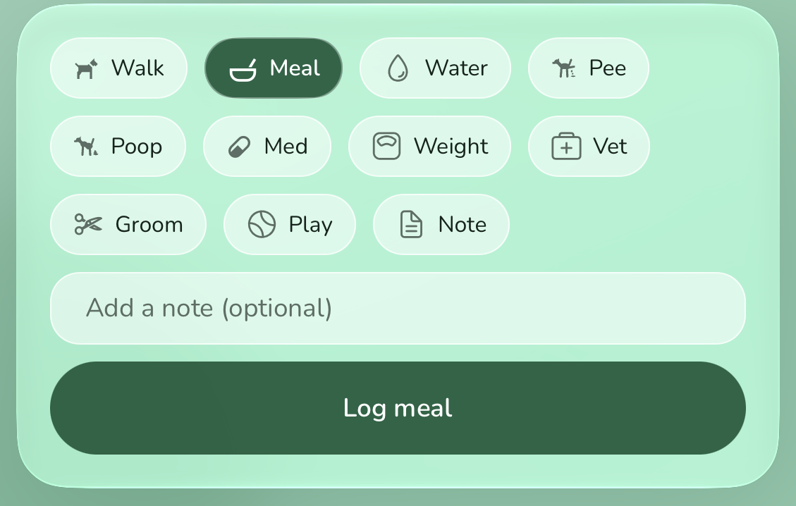 Ostler's log screen: chips for walk, meal, water, pee, poop, med, weight, vet, groom, play and note, an optional note field, and a Log walk button.