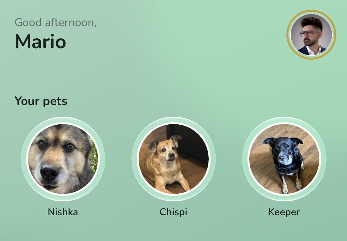The Your pets row on Ostler's home screen, showing Bella and Milo as circular avatars.
