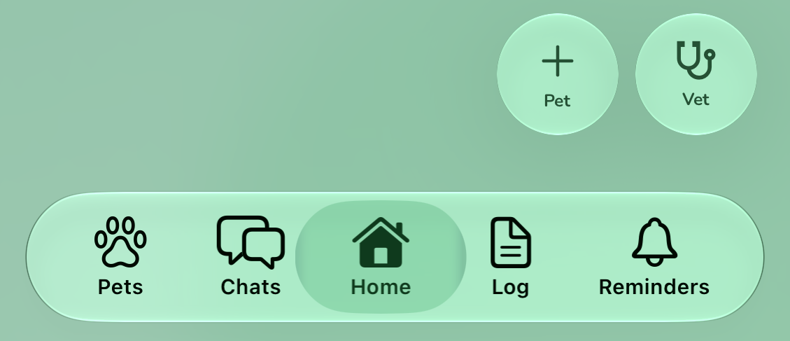 Ostler's bottom tab bar with Pets, Chats, Home, Log and Alerts, above shortcut buttons for adding a pet and finding a vet.
